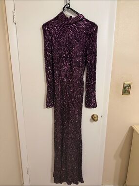 Mac Duggal Deep Plum Long Sleeve Sequin Gown